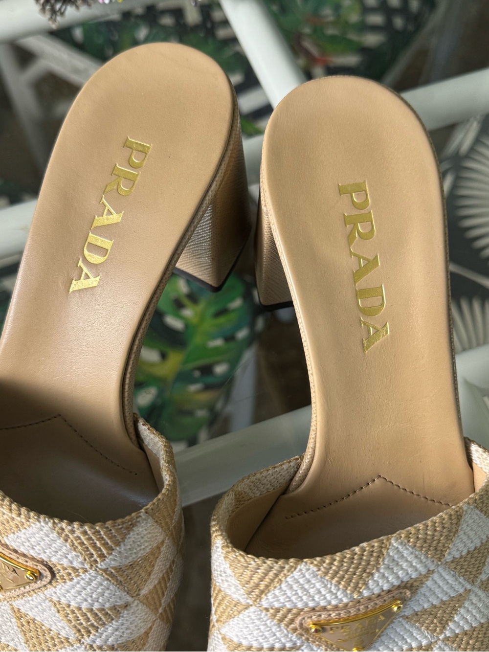 Prada Beige & White Geometric Slide Mules - Picture 5 of 6